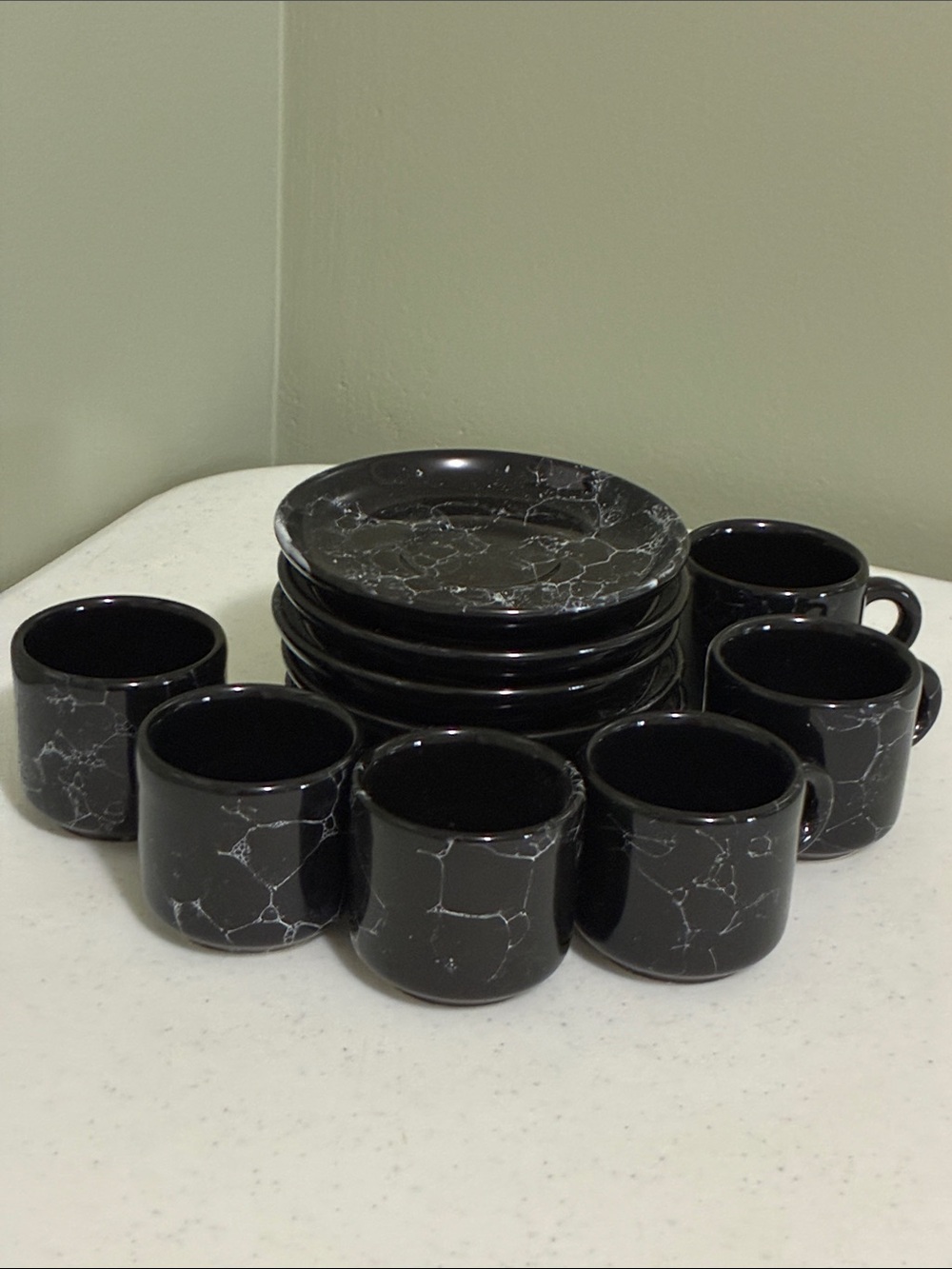 Vintage Waechtersbach Glossy Black Marble Ceramic Espresso Cup & Saucer Set